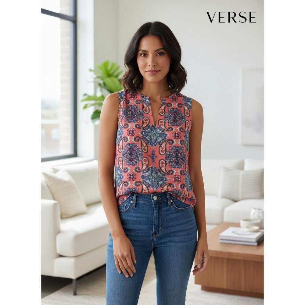 VERSE Sleeveless Coral Paisley Print Blouse With Split Neck Design Size M